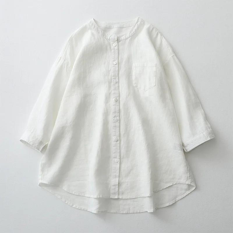 Summer Solid Color Shirt Stand-up Collar Seven-minute Sleeve Loose Japanese Women's Blouse Oversized Vintage Blouse
