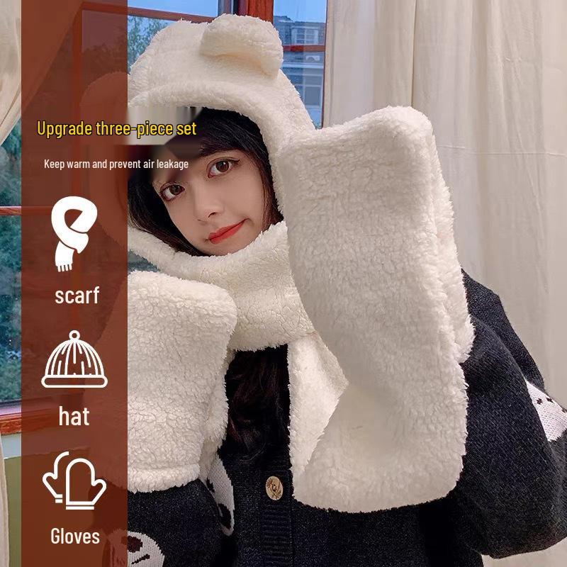 Cute Fluffy Women's Hat & Scarf Set: Thick, Plush, Warm Cycling Hat with Ear Protection for Autumn and Winter
