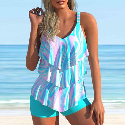 Costume da bagno bikini tankini con stampa foglie di loto multicolore con tracolla da donna