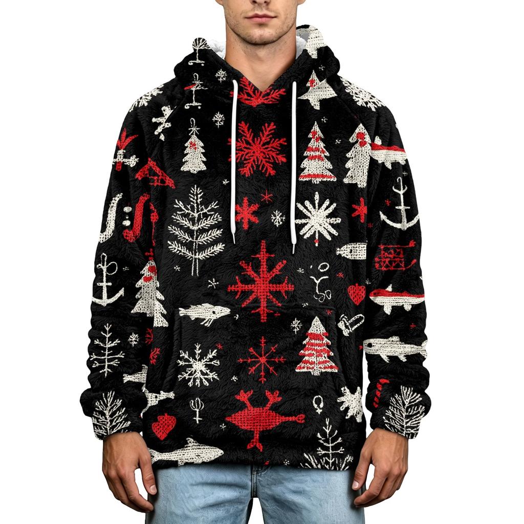 Men's Christmas Print Flannel Hoodie Hooded Casual Pullover Sweatshirt for Fall Winter