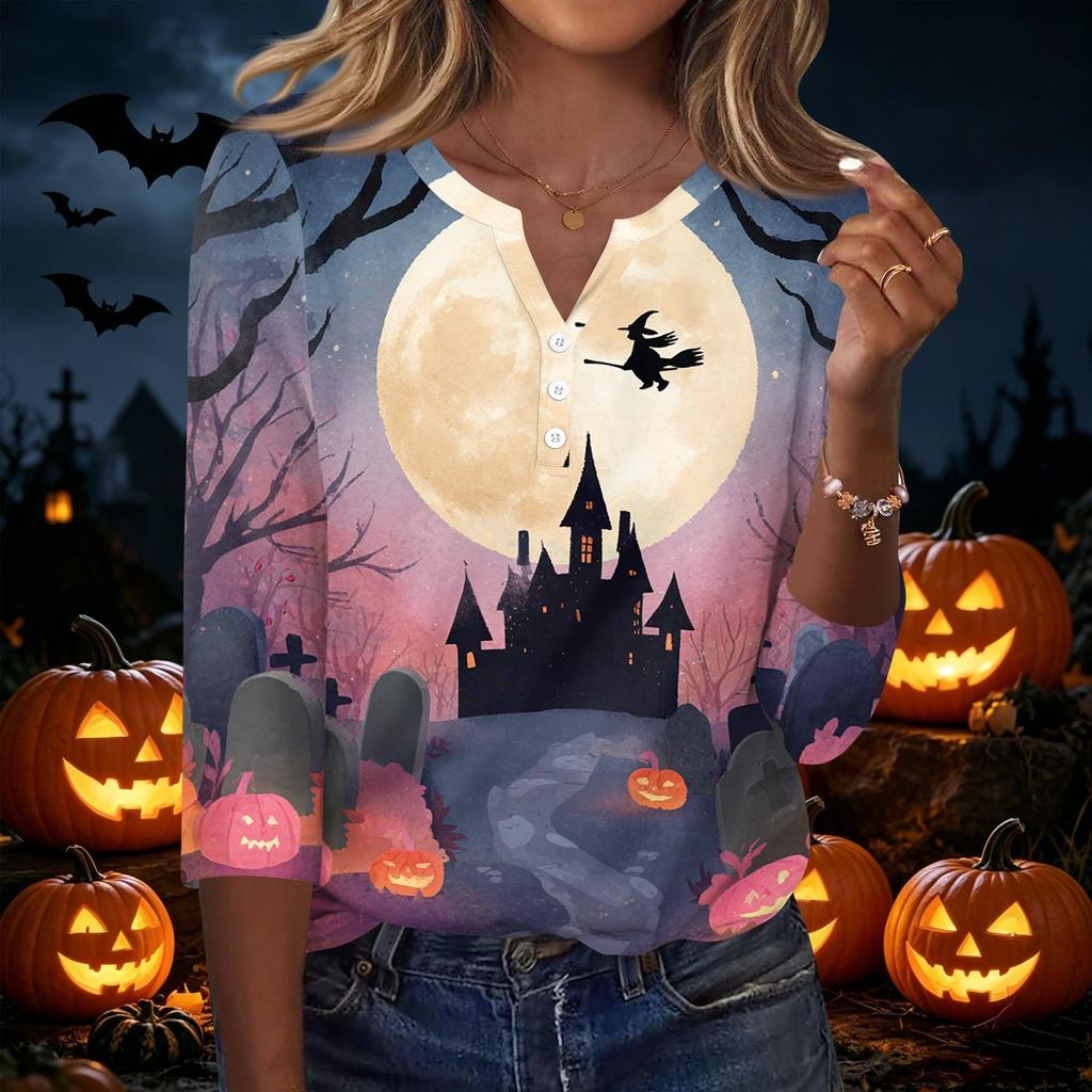 Women V Neck Button Three Quarter Sleeve Top Halloween Print Casual Loose Fit T Shirt for Daily and Holiday Wear