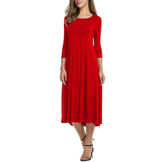 Lässiges Damen Midikleid in Unifarben mit O-Ausschnitt, 3/4-Ärmeln, tailliert und mit weitem Rock