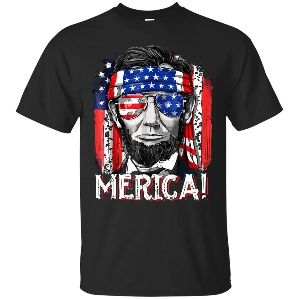 4th of July American Flag Abe Lincoln Murica TShirt 100 Cotton ONeck Summer Short Sleeve Casual Mens Tshirt Size S3XL