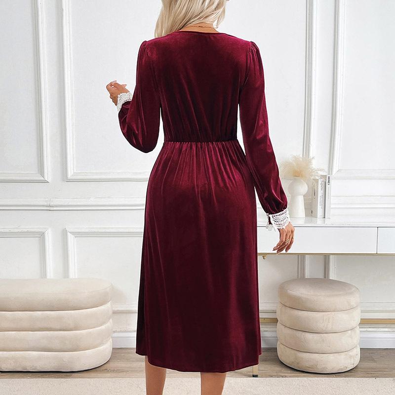 Women's Autumn and Winter Party Velvet Long Lace Splicing Clashing Color Dress