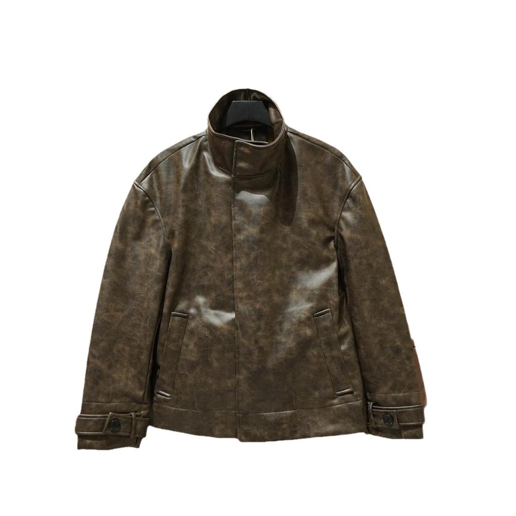 Original - Men's European and American style stand-up collar imitation leather jacket, American brown leather jacket, autumn coat