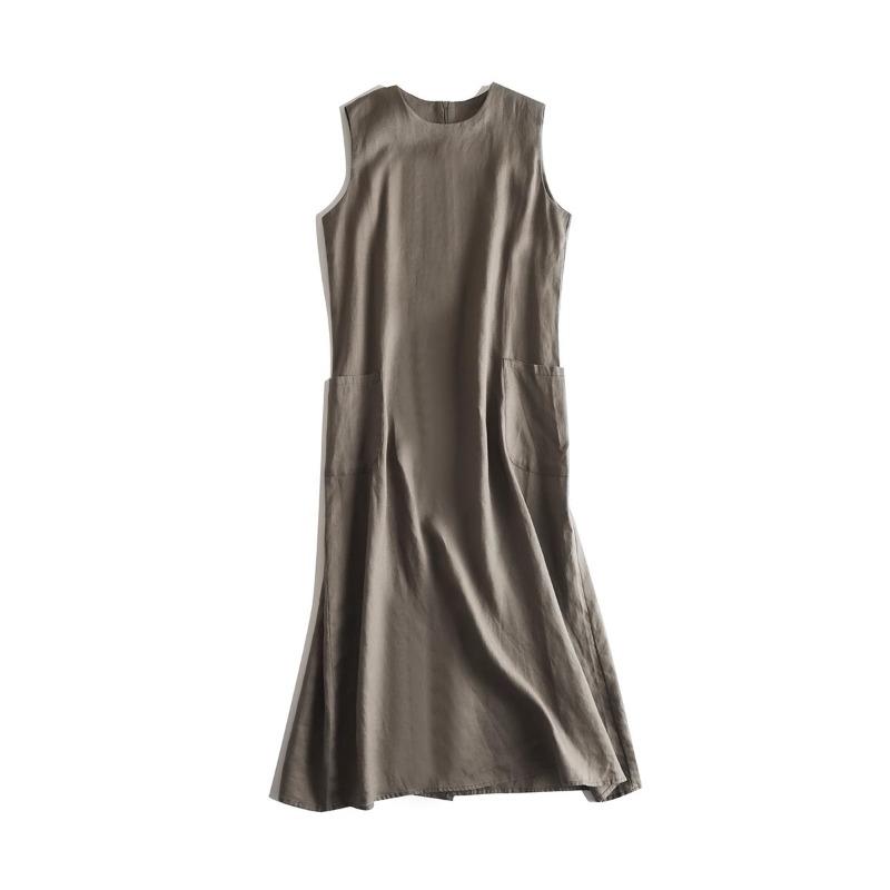 Sleeveless Long Skirt Cotton and Linen Retro Mid Length A-line Dress