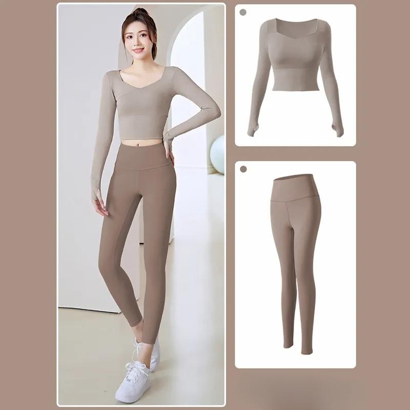 

Женский бесшовный комплект для йоги, спортивная одежда для тренировок, одежда для спортзала, укороченный топ с длинными рукавами для фитнеса, леггинсы с высокой талией, спортивные костюмы XXL