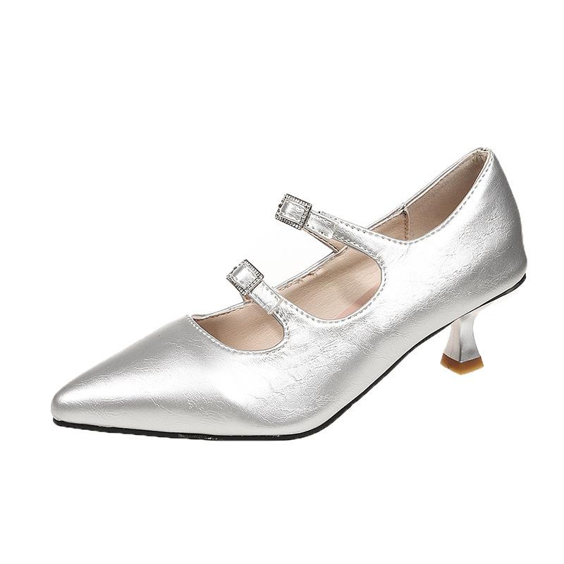 Golden Pointed High Heels Women's Autumn Low Heels Single Shoes Beautiful Temperament Silver Mary Jane Shoes Children