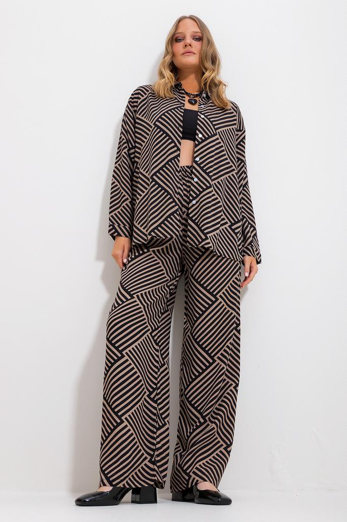 Set de top și de jos pentru femei, la modă din sezonul nou, nisip, bej-negru, cămașă și pantaloni cu model, set de top și de jos țesute