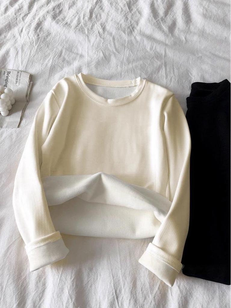 Women's Fleece-Lined Round Neck Base Layer - Thick, Warm, Loose Fit, Long Sleeve T-Shirt for Autumn/Winter. Plus Size Available.