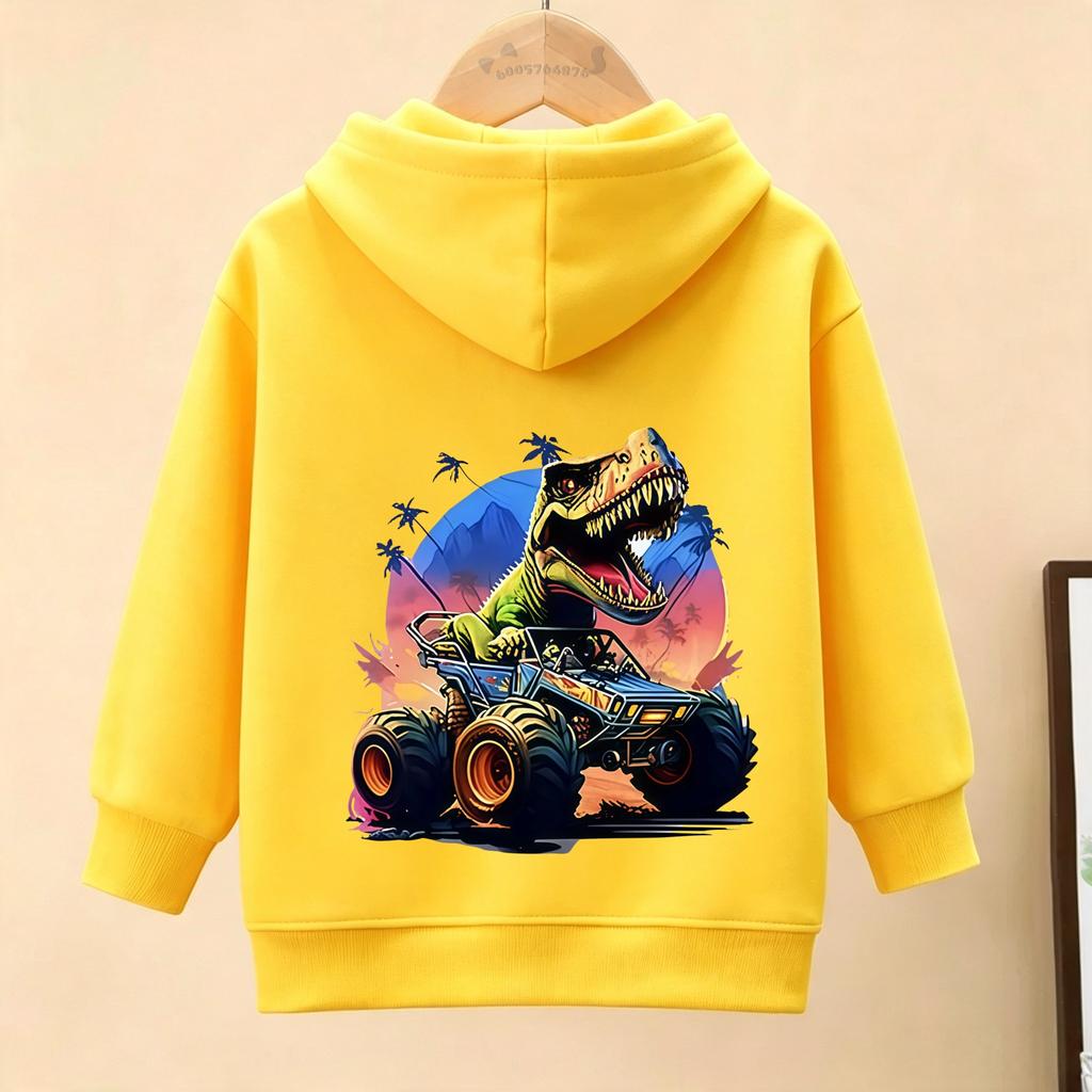 Spring and Summer Children's Fun Dinosaur Car Casual Hooded Sweatshirt - Boys' and Girls' Round Neck Cute Breathable Top