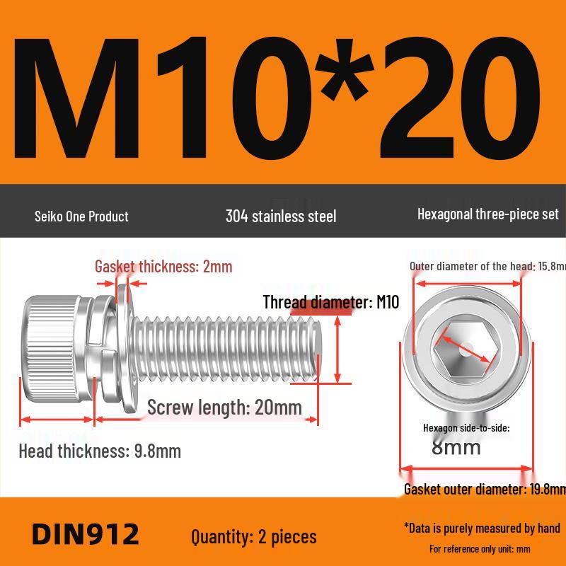 304 Stainless Steel Hex Socket Cap Screw with Washer - Sizes M3, M4, M5, M6, M8, M12