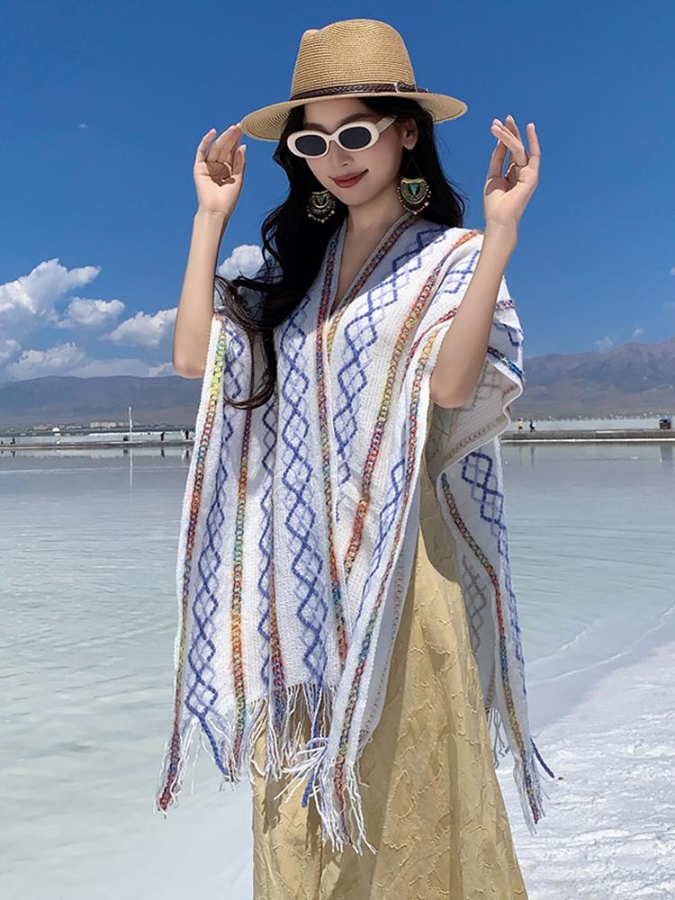 Winter Women Scarf Layers Poncho Elegant Lady White Striped Plaid Tassel Wraps Shawl Warm Scarve Capa Para Mujer Pashmina Cloak