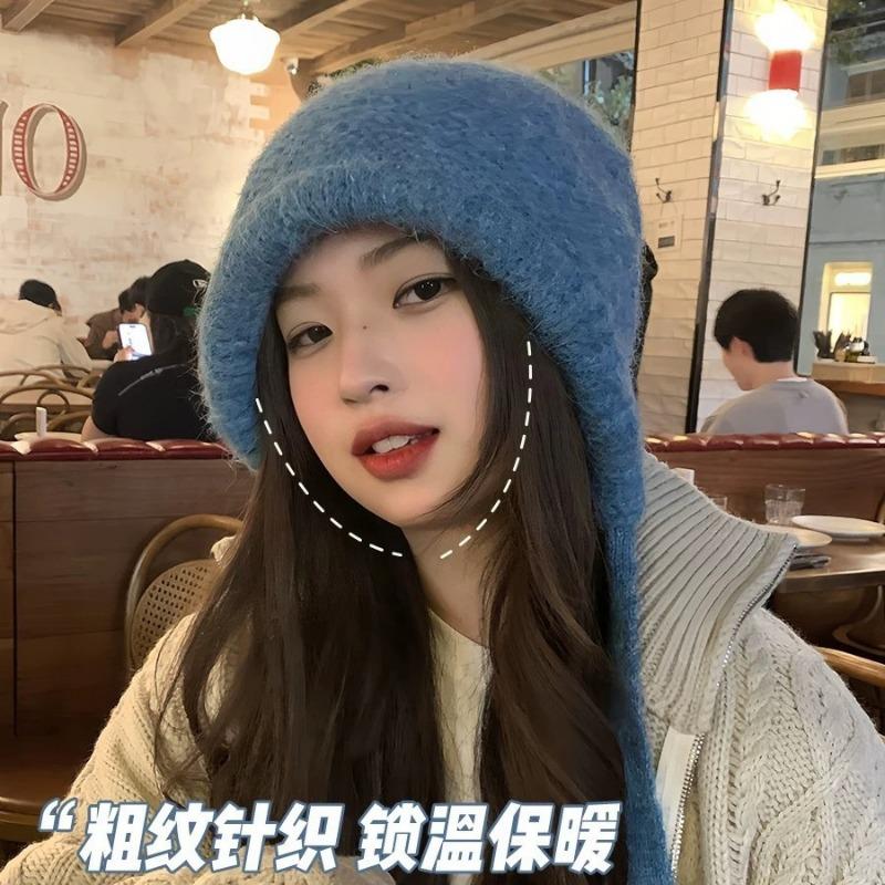 Hat women's winter big head circumference knitted hat versatile face small lace-up bag hat dual-purpose ear protector headgear