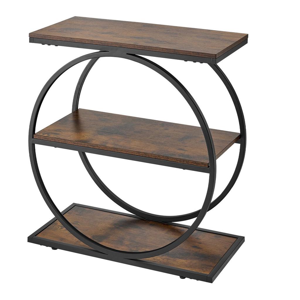End Table, 3-Tier Narrow Side Table with Open Storage Shelves, Modern Nightstand Bedside Desk with Round Metal Frame, Wood Sofa Coffee Desk for Living