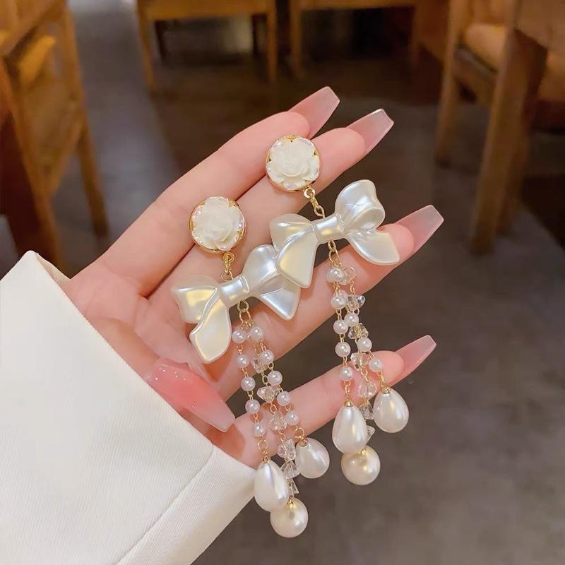 French bow tassel long earrings women's high sense exquisite stud earrings celebrity temperament versatile earrings tide