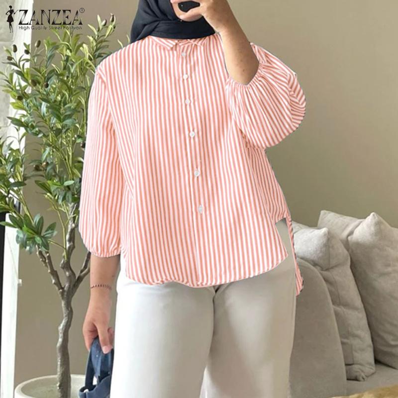 ZANZEA Women Turn Down Collar Loose 3/4 Sleeve Stripe Blouse