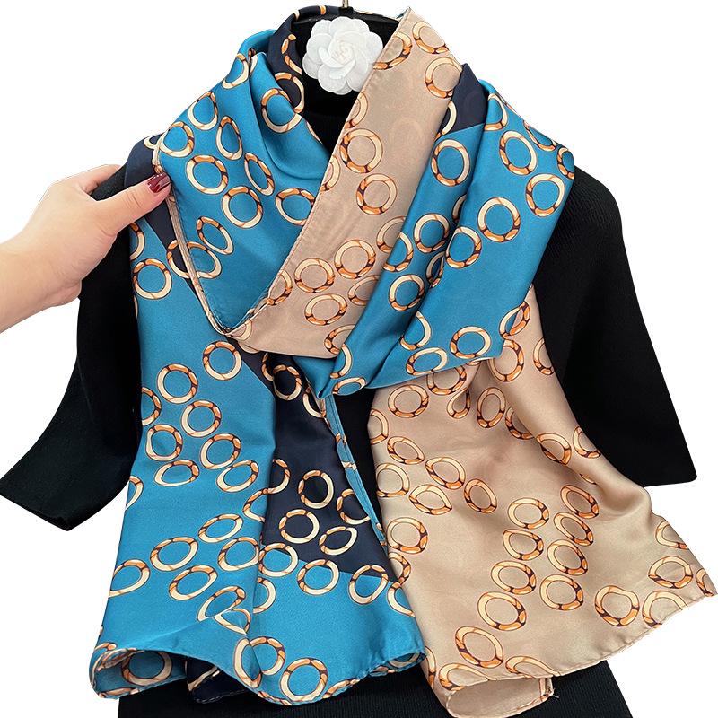 Light luxury metal ring blue large long scarf, high-end sunscreen extended printing silk scarf, imitation silk long silk scarf