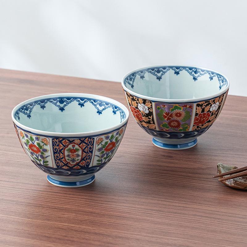 Japanese Kinran Te Kaki Imari Mino Ware Ceramic Rice Bowls for Home & Commercial Use