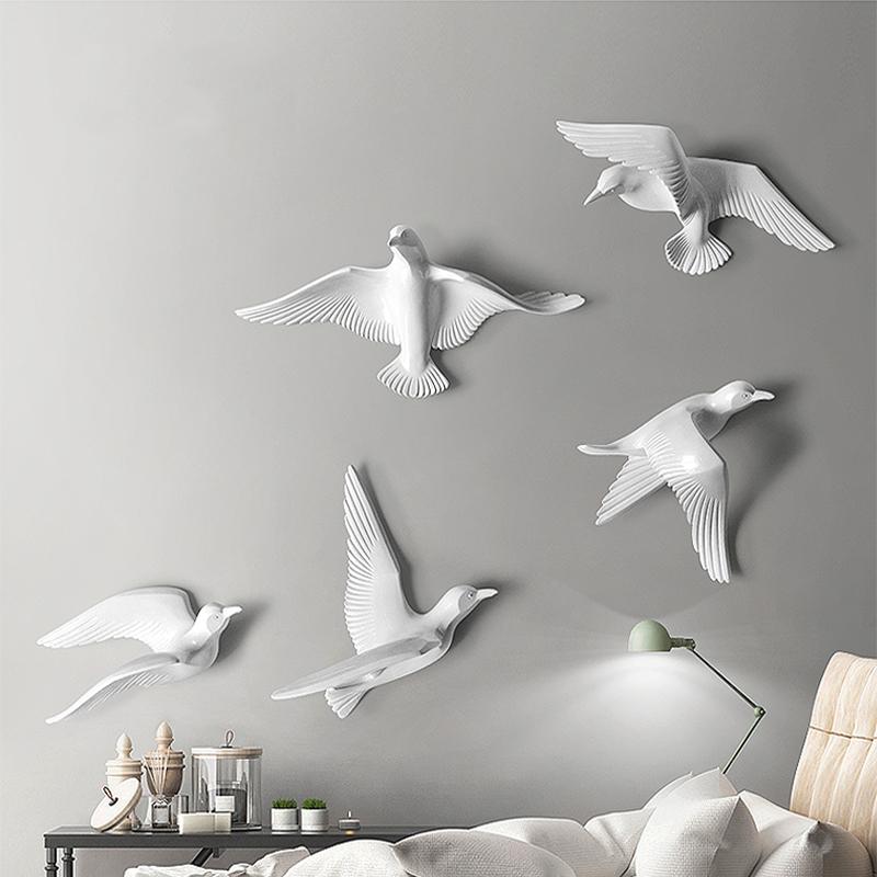 3D resin bird wall decorations three-dimensional wall stickers white gold bird statue living room TV sofa background wall art