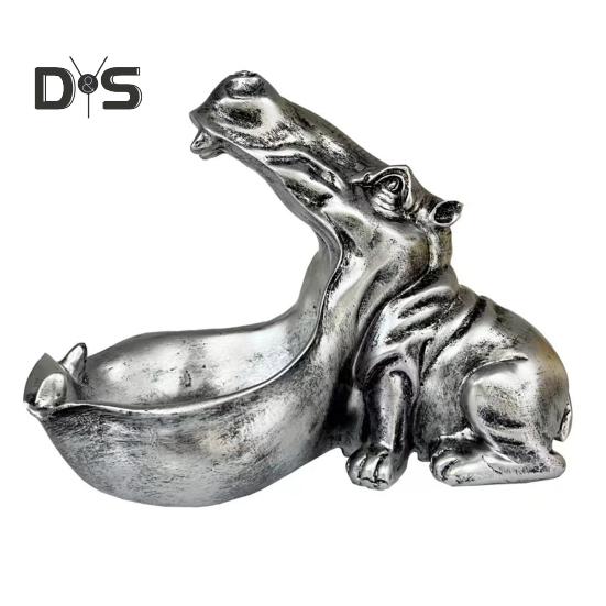 

Статуэтка бегемота из смолы, фигурка бегемота с большим ртом, конфетница, ключница, скульптура для домашнего офиса, декор стола серебряный