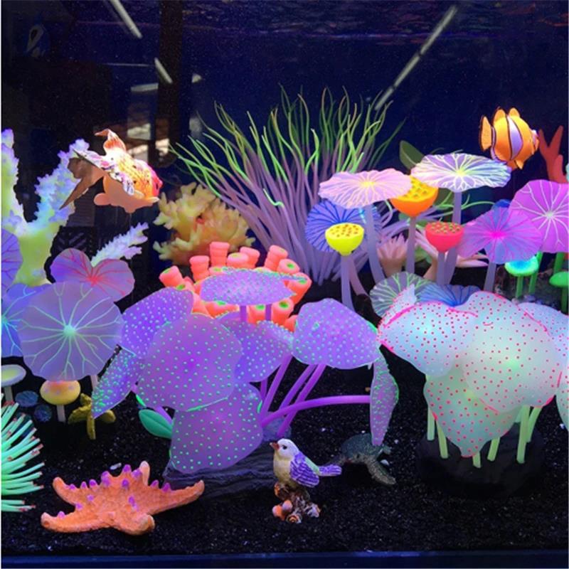 Simulation Mushroom Tank Ornament Glowing Effect Lotus Leaf Decor For Aquarium Fish Jar Swim Decoration