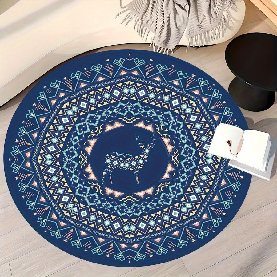 Crystal Velvet carpet[2D Flat, Not 3D]Comes with 2 Anti Slip matsLarge Round Area Mat with Intricate Blue Geometric Pattern