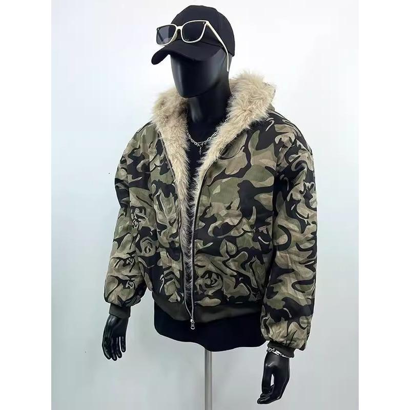 Unisex Camouflage Bavlněná Zimní Bunda s Kožešinovou Kapucí
