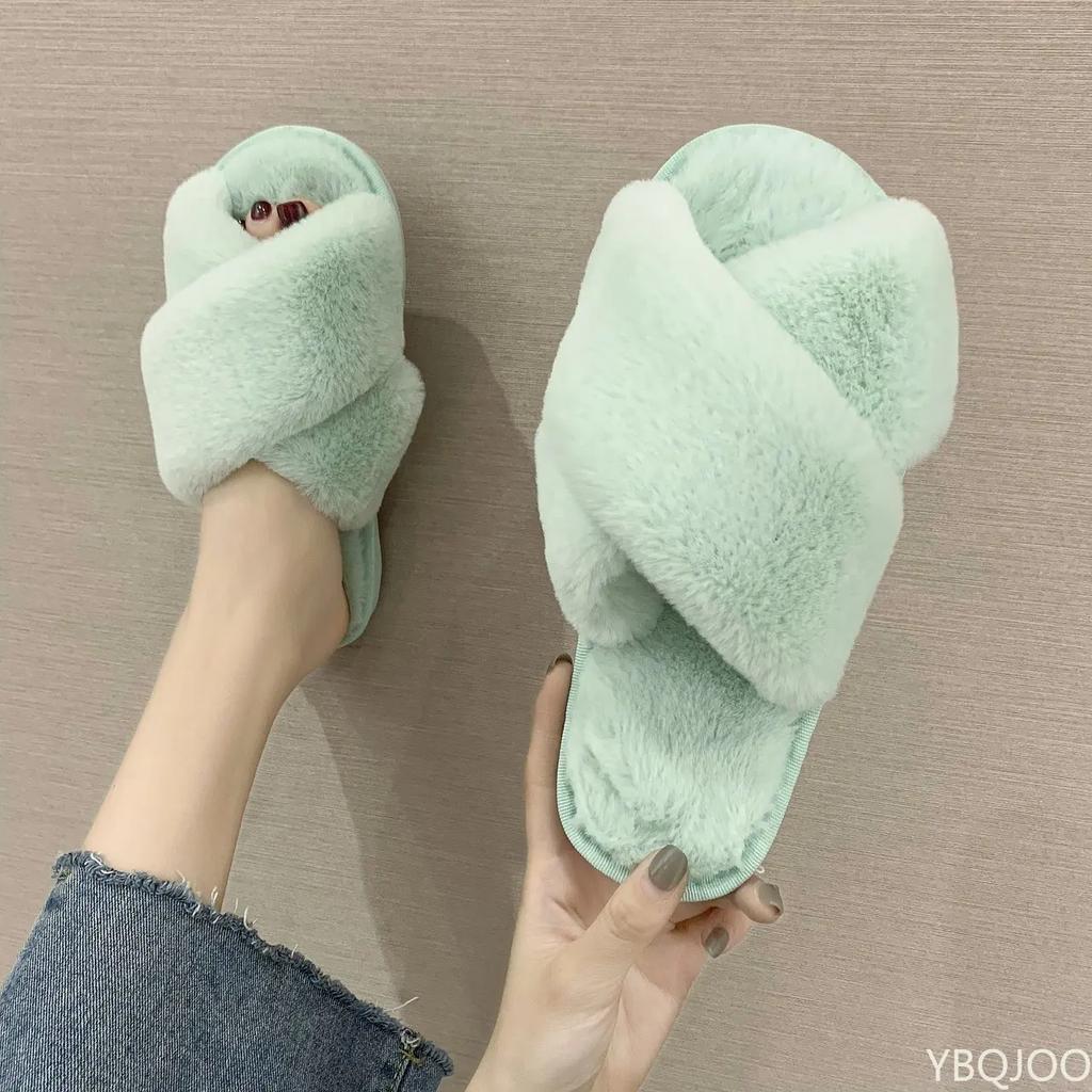 NEW Design Women Winter House Furry Slippers Women Cross Fluffy Fur Home Slides Flat Indoor Floor Shoes Ladies Flip Flops