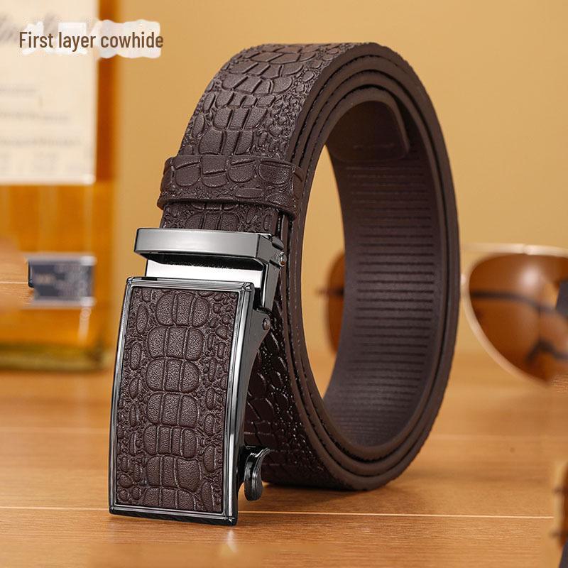 Men's Crocodile Pattern Leather Automatic Belt - Top Grain Cowhide, High-End Design, Genuine Craftsmanship.