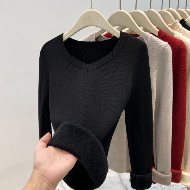 V-neck atmosphere red sweater women's knitted bottoming shirt spring thickened integrated fleece warm inner top