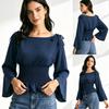 Fashion Women Smocked Waist Cropped Blouse Boat Neck Tie Shoulder Flared Bell Sleeve Casual Top