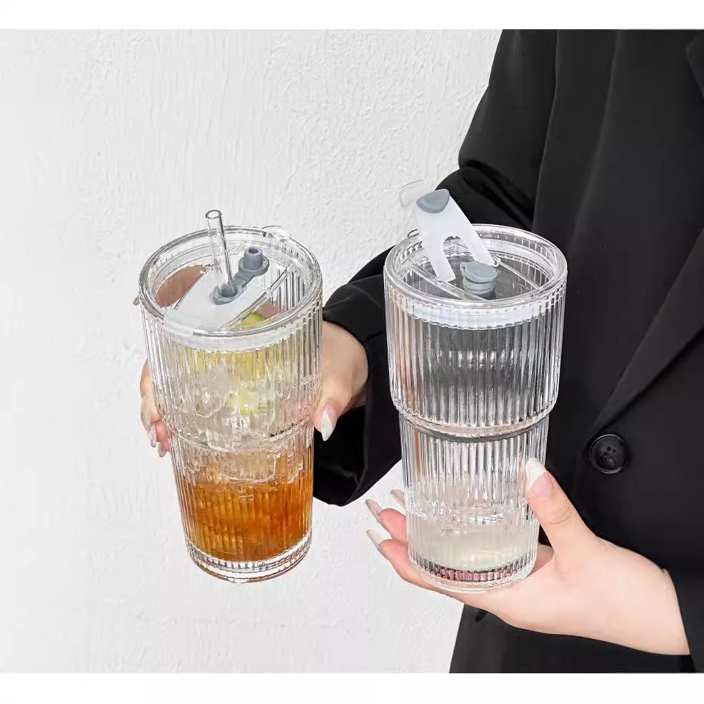 20oz Bamboo Glass Cup with Vertical Stripes and Lid