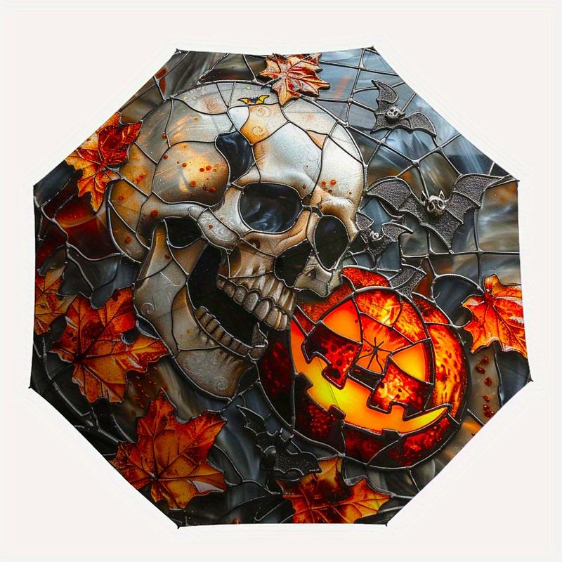 Halloween Skull & Pumpkin Stained Window DecorationUmbrella, PortableFold Compact Umbrella for Men & Women Gift