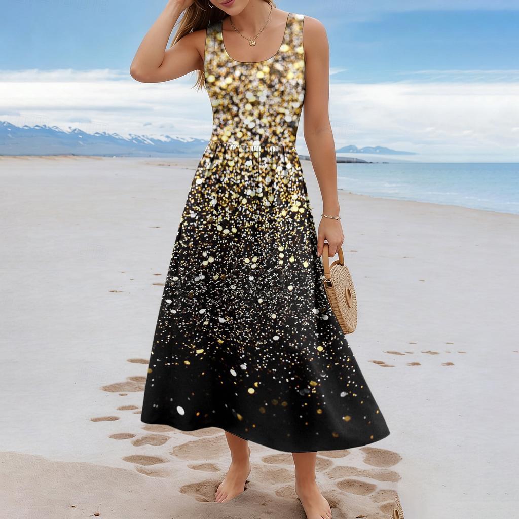 Sommerkleider für Damen UK Ärmellos Rundhalsausschnitt Geometrischer Druck Lässig A-Linie Damen Sommerkleider UK Midi-Kleid Damen Sommerkleider UK