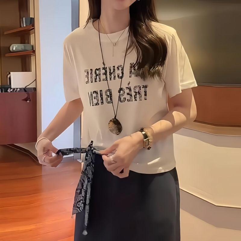 Women Vintage Letter Print Short Sleeve T-shirt Casual Round Neck Side Lace Up Summer Cotton Tee Top
