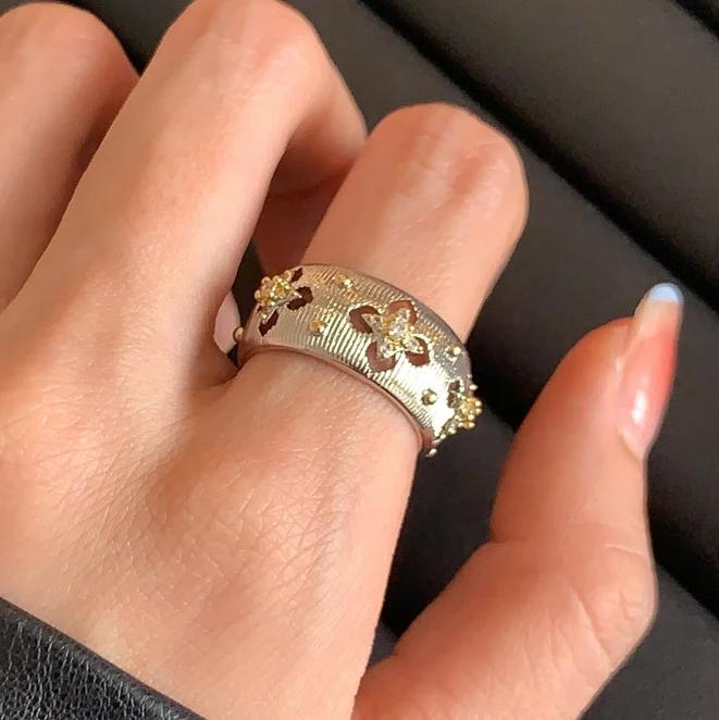 Pravé Sterlingové Stříbro 18K Zlato Zirkon Hvězda Kulatý Otevírací Prsteny pro Ženy Vintage Jemné Lehké Luxusní Doplňky