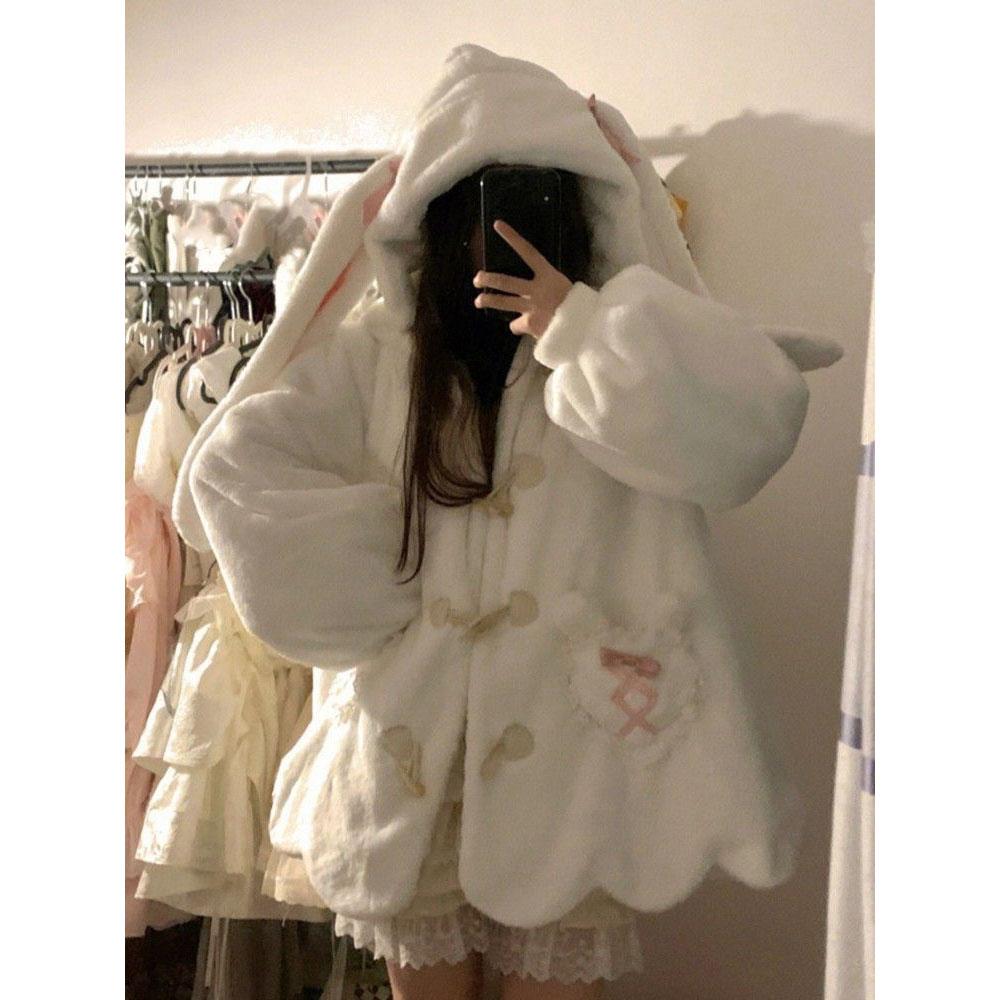 Abbigliamento Invernale Giubbotti Carini Donna Cappuccio con Orecchie di Coniglio Lana d'Agnello Capospalla Oversize Addensato Moda Kawaii Cappotti