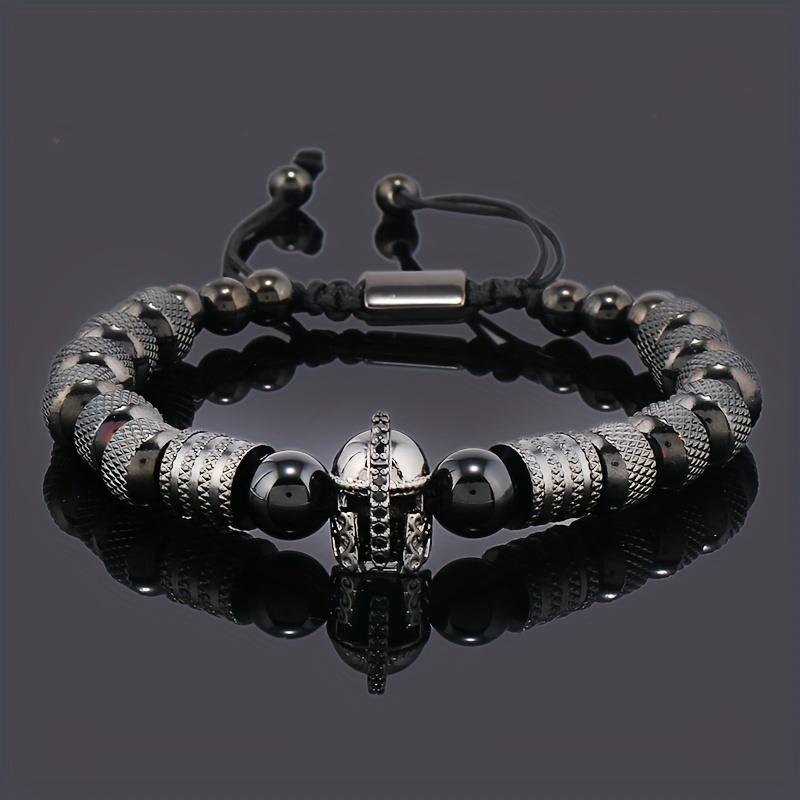 1pc Men S Stainless Steel Helmet Charm Bracelet with Golden-Tone Beads & Black Spheres - Durable, Stylish Accessory for Casual Attire, Parties, and Gi