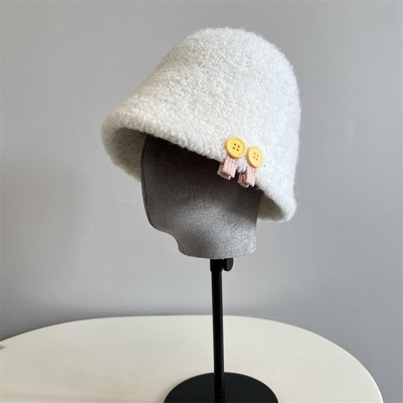 Wool Loop Yarn Thickened Bucket Hat Cute Button Shelf College Wind Small Fresh Warm Fisherman Hat