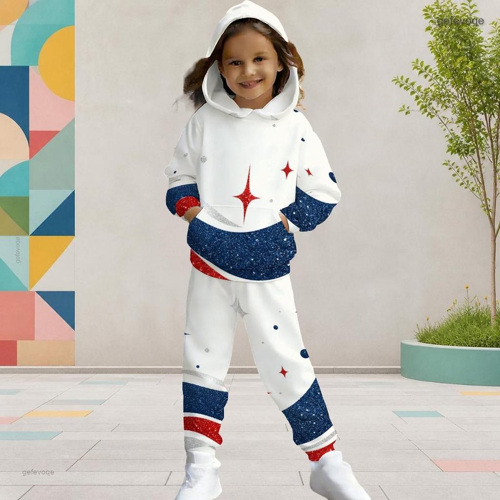 Girls Hooded Long Sleeve Star Printed Two Piece Set Red Blue White Kangaroo Pocket Cuffed Pants