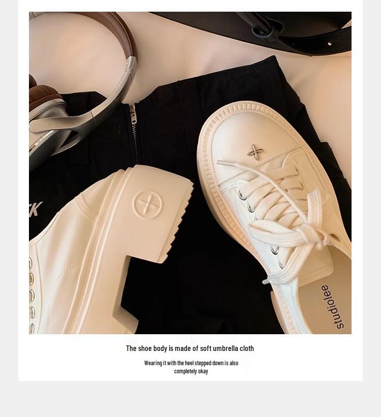 Grape Mom's Style White Canvas Shoes - Women's Lace-Up, Large Round Toe, 7cm Thick Sole, Height-Increasing, Casual Autumn/Winter Footwear