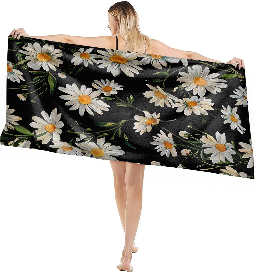 

1PC White Daisy Flowers paint Towel for family friends Gifts Quick-Dry Beach Towel For Yoga Tourism Beach GYM Camping Swimming W40*H60(CM)