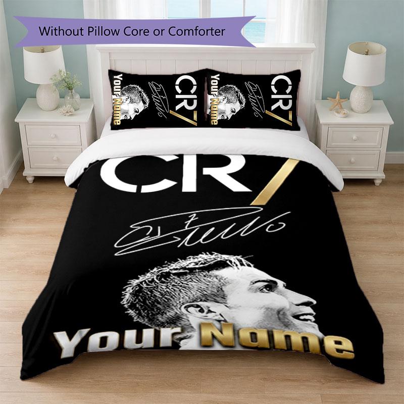 Set Biancheria da Letto Personalizzato Cristiano Ronaldo con Nome Testo 1 Copripiumino+2 Federe Logo Calcio Regalo Personalizzato per Occasione Speciale Arredamento Camera da Letto