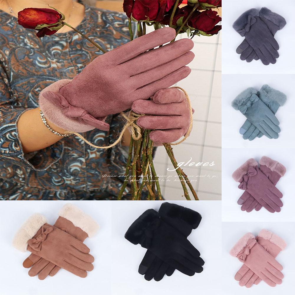Woman Winter Gloves Windproof Gloves Hand Wear Lovely Bowknot Thick Warm Wind Proof Suede Fabric Telefingers Gloves
