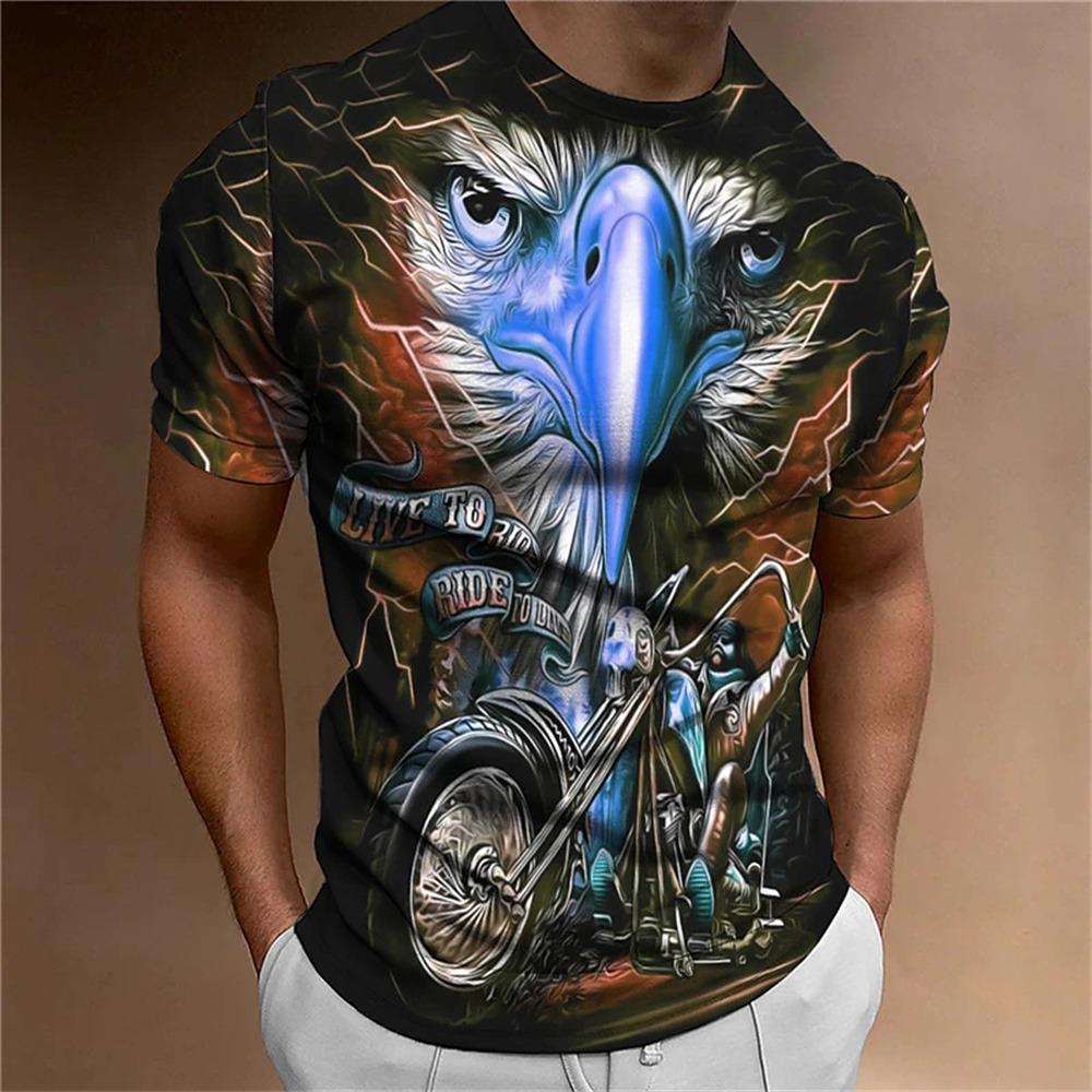 Men's Animal Pattern T-Shirt, Eagle, Motorcycle, 3D Print, Vintage Trendy Loose Large Size Casual Street Short Sleeve Top