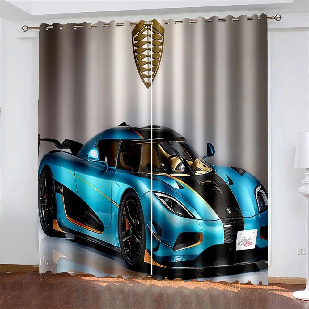 3D Trendy City Sports Car Scenery 3D Printing Semi Sunshade Window Curtain Polyester Fabric For Bedroom Hook Accessories  2pcs