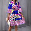 Women's Bohemian Geometric Print V‑Neck 3/4 Bell Sleeve Ruffle Hem Loose A‑Line Mini Dress