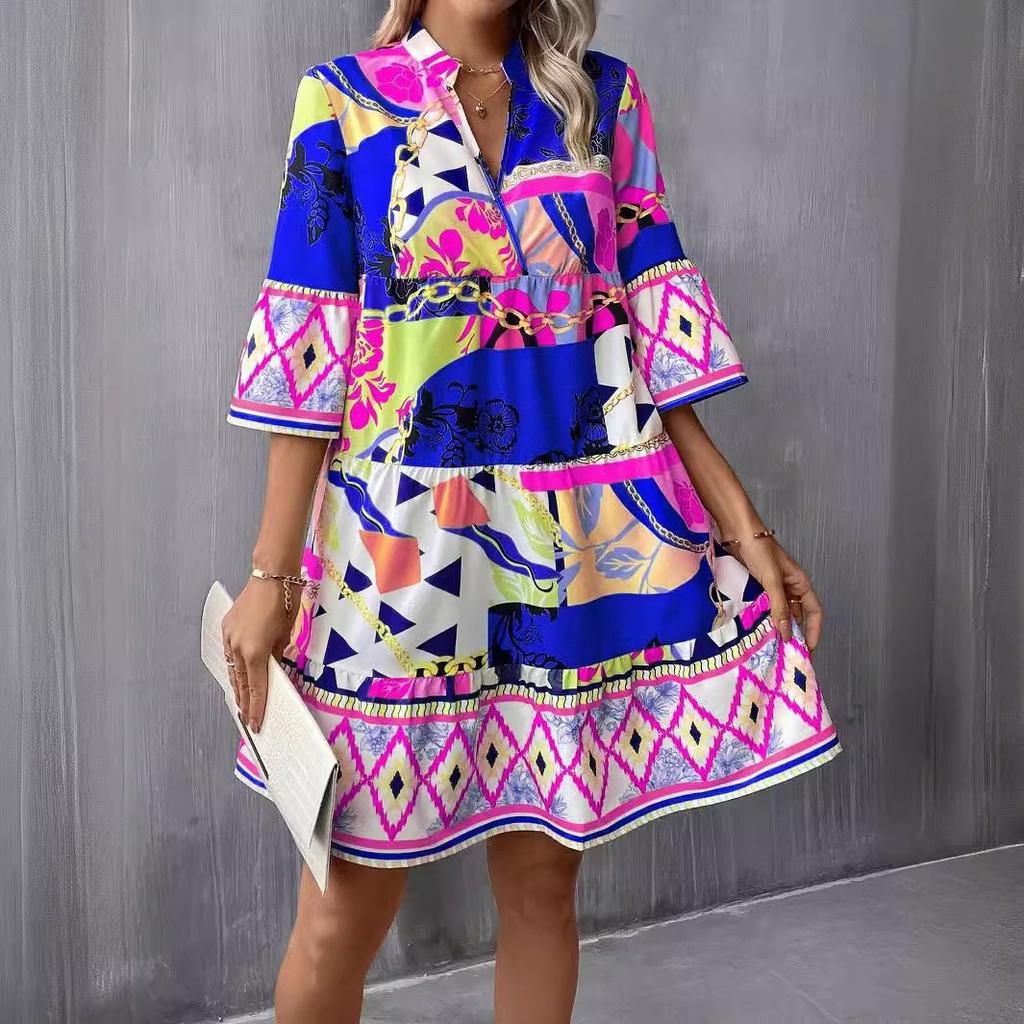 Women's Bohemian Geometric Print V‑Neck 3/4 Bell Sleeve Ruffle Hem Loose A‑Line Mini Dress