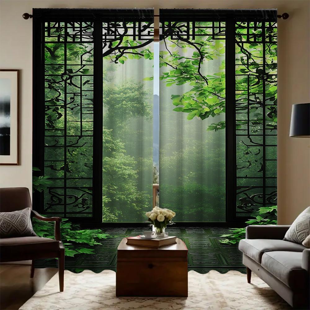 2PC Home Window bamboo forest Curtains With Landscape Background And Pole Pocket Curtains, Kitchen, Coffee Shop, Living Room, Ba